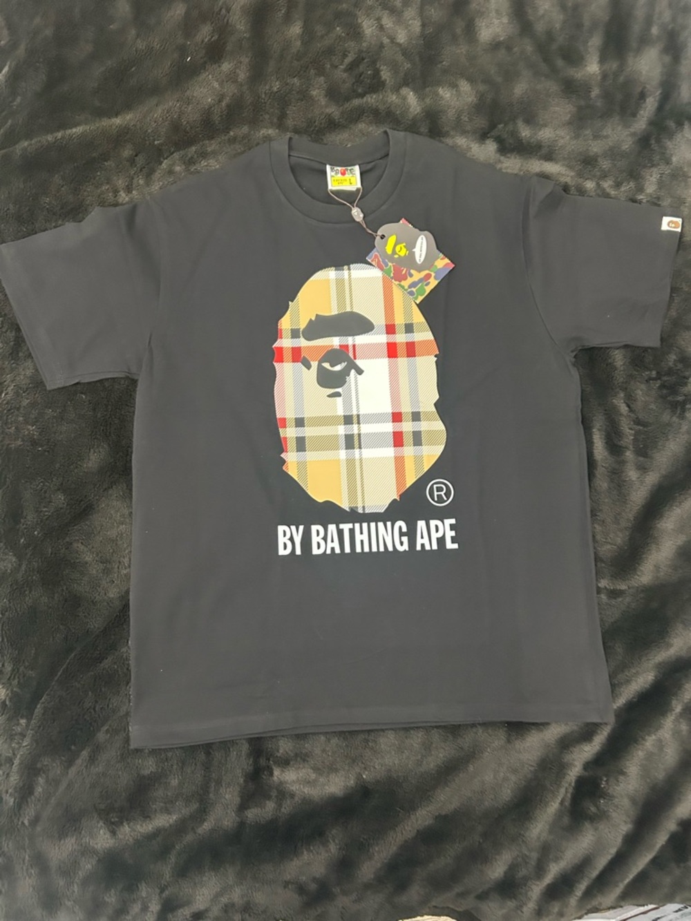 Bape Black Tee with Yellow Plaid Ape Head